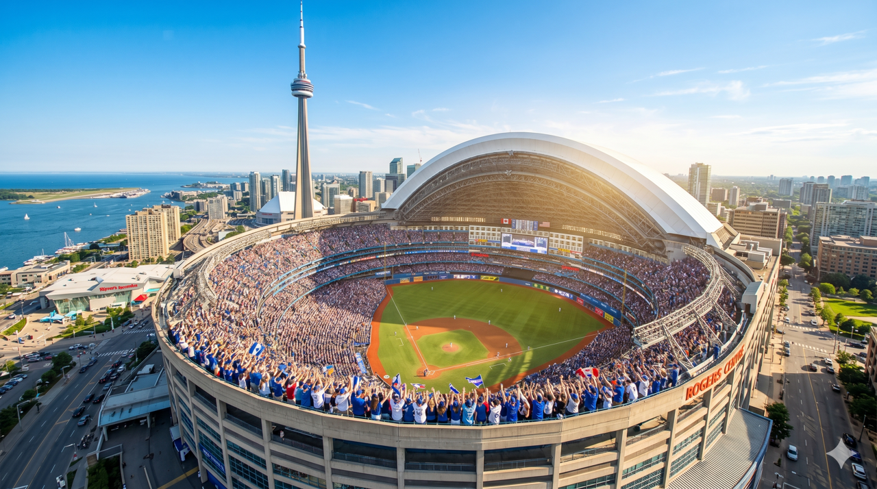 Rogers Centre retractable roof fully open during a Toronto Blue Jays home game, bright sunshine, CN Tower visible in background, packed stadium of Blue Jays fans in royal blue jerseys cheering, confetti falling, scoreboard reading Jays Win 6-3